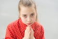Ask permission. Banned behavior. Girl sad begging permission. Please concept. Girl helpless hold hands for pray. Let me Royalty Free Stock Photo