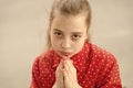 Ask permission. Banned behavior. Girl sad begging permission. Please concept. Girl helpless hold hands for pray. Let me Royalty Free Stock Photo