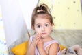 Ask permission. Prohibited behavior. Little girl is sad to ask permission. Please concept. Let me please. Baby cute face close-up. Royalty Free Stock Photo