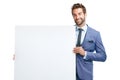 Ask the pro, he would know. Studio shot of a handsome businessman holding up a blank placard against a white background.