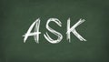 Ask word concept. ASK written on the chalkboard. Use for cover, banner, blog