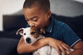 Asked for a brother, got a best friend instead. an adorable little boy playing with his pet dog on the bed at home. Royalty Free Stock Photo