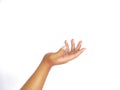 asking hand gesture with open palm an isolated white background. to ask something. pointing to copy space