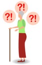 Asking questions elderly woman holding walking stick isolated on white background. Old female patient need help vector