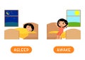 ASLEEP and AWAKE antonyms word card vector template.