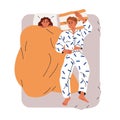 Asleep couple in bed. People sleeping, dreaming, reposing at night. Woman feeling cold, covered with blanket, duvet and Royalty Free Stock Photo