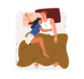 Asleep love couple in bed, top view. Woman sleeping, cuddling dreaming man with leg. Family, husband and wife, reposing Royalty Free Stock Photo