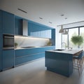 Modern abstract kitchen in blue with cocobolo wood details