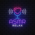 Asmr Relax Neon Vector logo illustration. Neon heart. Vintage illustration on light backdrop