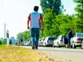 View on the traffic jam and people waiting at the Serbian Hungarian border