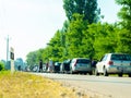 View on the traffic jam and people waiting at the Serbian Hungarian border