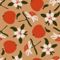 Seamless pattern with apples, whole fruits and halves, with flowers. Royalty Free Stock Photo