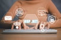 Person hand typing on keyboard computer with ASP.NET icon on virtual screen Royalty Free Stock Photo