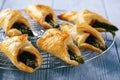 Asparagus baked in puff pastry with ham and cheese. Royalty Free Stock Photo