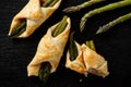 Asparagus baked in puff pastry with ham and cheese. Royalty Free Stock Photo