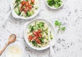 Asparagus, broccoli, green peas, cream orzo pasta with tomatoes and parmesan cheese. Delicious healthy food in a mediterranean sty Royalty Free Stock Photo