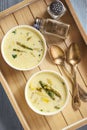 Asparagus cheese soup with potatoes and leek. Royalty Free Stock Photo