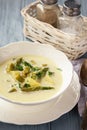 Asparagus cheese soup with potatoes and leek. Royalty Free Stock Photo