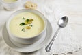 Asparagus cream soup with parsley garnish in a bowl on a white w Royalty Free Stock Photo