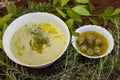 Asparagus creamy soup and artichoke hearths Royalty Free Stock Photo