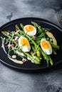 Asparagus with eggs and french dressing with dijon mustard, onion chopped in red vinegar  taragon on grey textured background, Royalty Free Stock Photo