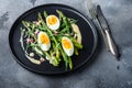 Asparagus with eggs and french dressing with dijon mustard, onion chopped in red vinegar  taragon on grey textured background, Royalty Free Stock Photo