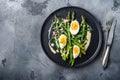 Asparagus with eggs and french dressing with dijon mustard, onion chopped in red vinegar  taragon on grey textured background, top Royalty Free Stock Photo