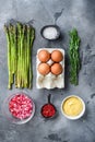 Asparagus with eggs and french dressing ingredients with dijon mustard, onion chopped in red vinegar  taragon on grey textured Royalty Free Stock Photo