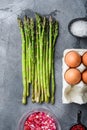 Asparagus with eggs and french dressing ingredients with dijon mustard, onion chopped in red vinegar  taragon on grey textured Royalty Free Stock Photo