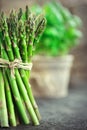 Asparagus. Fresh raw organic green Asparagus sprouts closeup. Over wooden table. Healthy vegetarian food. Raw vegetables, market Royalty Free Stock Photo
