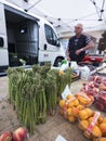 Asparagus and fruit on market in briancon in the french alps of haute provence