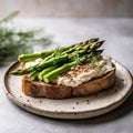 Asparagus And Goat Cheese Tartine With Spices and Olive oil. The style is clean, minimalist, morning light. Food photography