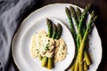 Asparagus with hollandaise sauce on a white plate, closeup. Healthy food concept. Generative AI