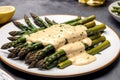 Asparagus with hollandaise sauce on a white plate, closeup. Healthy food concept. Generative AI