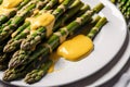 Asparagus with hollandaise sauce on a white plate, closeup. Healthy food concept. Generative AI