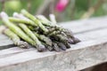 Asparagus with metallic lattice, wooden surface Royalty Free Stock Photo