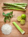 Asparagus, minth, lime, white rice and celery