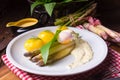 A asparagus with poached egg sauce and wild garlic Royalty Free Stock Photo