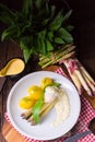 A asparagus with poached egg sauce and wild garlic Royalty Free Stock Photo