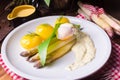A asparagus with poached egg sauce and wild garlic Royalty Free Stock Photo