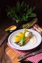 A asparagus with poached egg sauce and wild garlic Royalty Free Stock Photo
