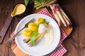 A asparagus with poached egg sauce and wild garlic Royalty Free Stock Photo
