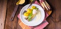A asparagus with poached egg sauce and wild garlic Royalty Free Stock Photo