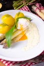 A asparagus with poached egg sauce and wild garlic Royalty Free Stock Photo
