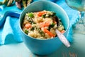 Asparagus and Shrimp Risotto in blue dish Royalty Free Stock Photo