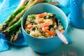 Asparagus and Shrimp Risotto in blue dish Royalty Free Stock Photo