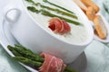 Asparagus soup with ham closeup in white bowl Royalty Free Stock Photo