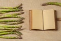 Asparges with Opened Notebook lying on a sackcloth surface Royalty Free Stock Photo