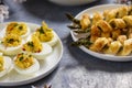 Asparagus in puff pastry and devilled eggs