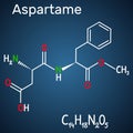 Aspartame, APM, molecule. Sugar substitute and E951. Structural chemical formula and molecule model on the dark blue background